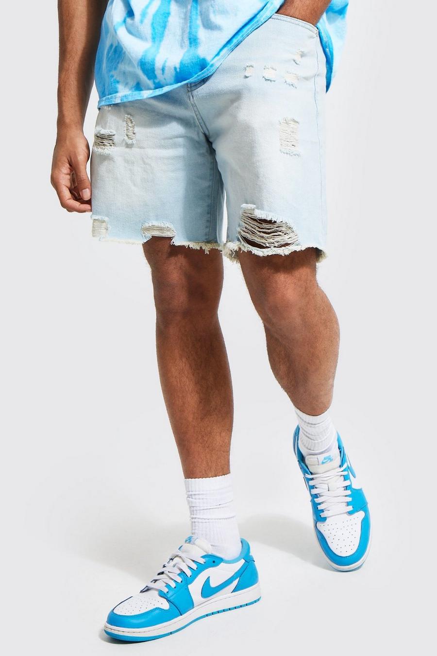 Bleached blue Relaxed Fit Rigid Multi Rip Denim Shorts  image number 1