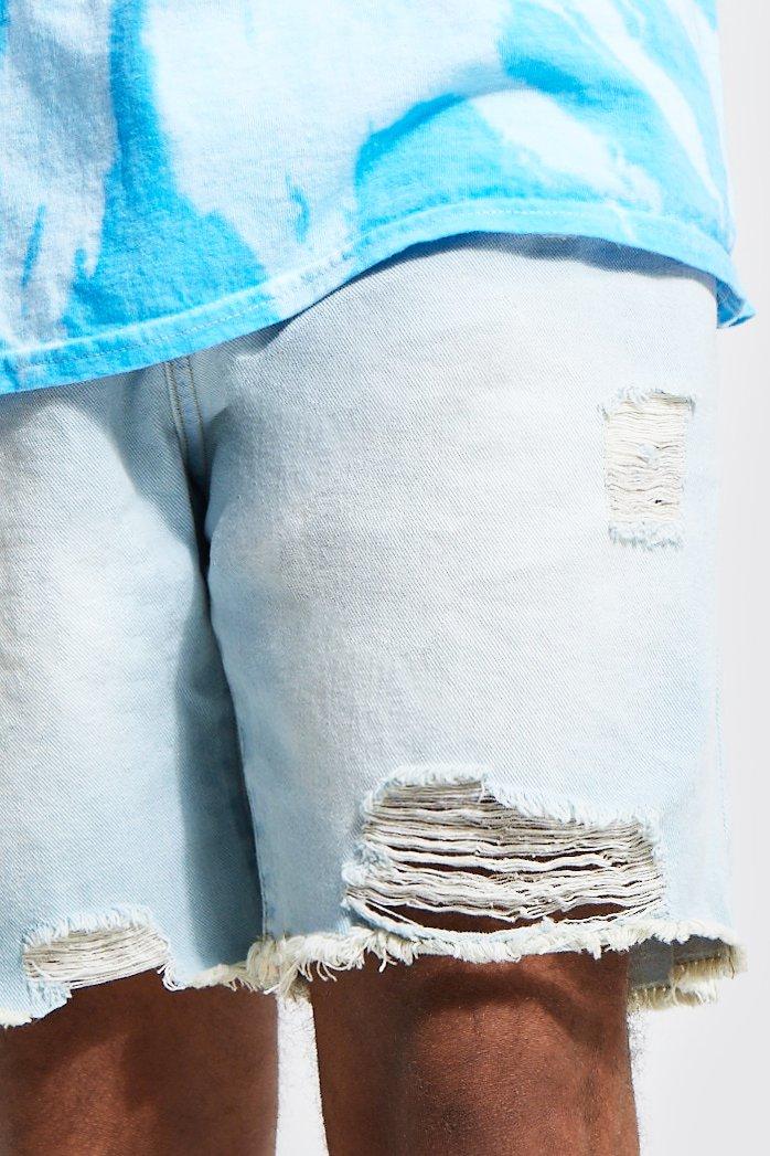 boohoo Mens Relaxed Fit Rigid Multi Rip Denim Shorts - Blue 28