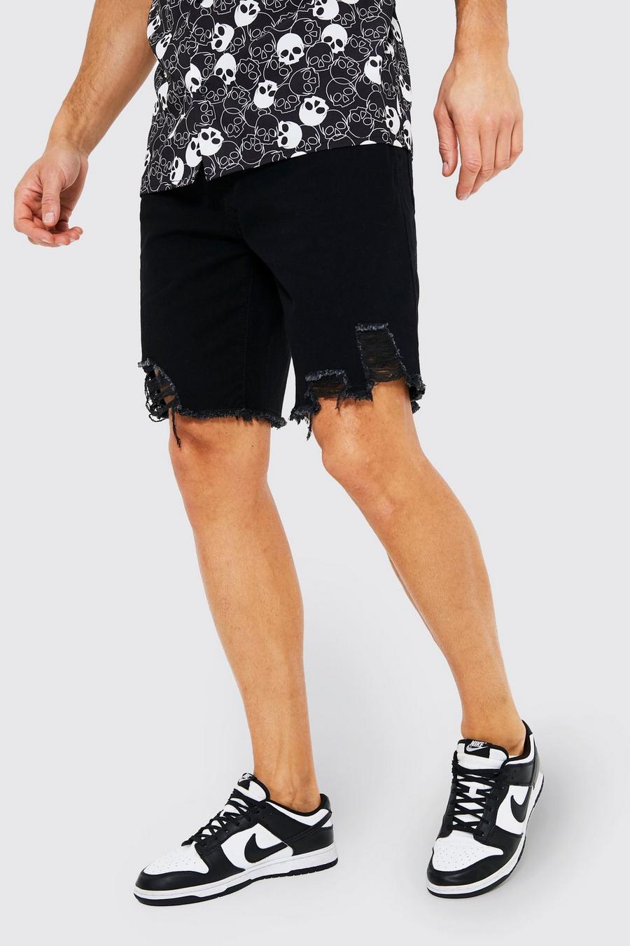 Black Tall Jeansshorts i slim fit med rå kant image number 1