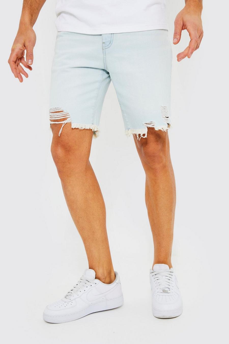 Bleach wash Tall Denim Slim Fit Shorts Met Onbewerkte Zoom image number 1