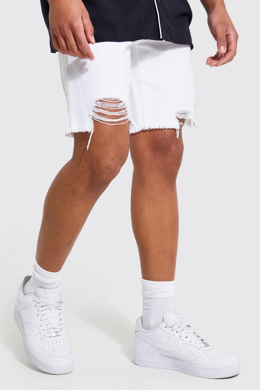 White Tall Denim Slim Fit Shorts Met Onbewerkte Zoom image number 1