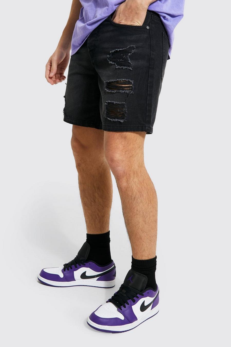 Washed black Onbewerkte Gescheurde Slim Fit Denim Shorts