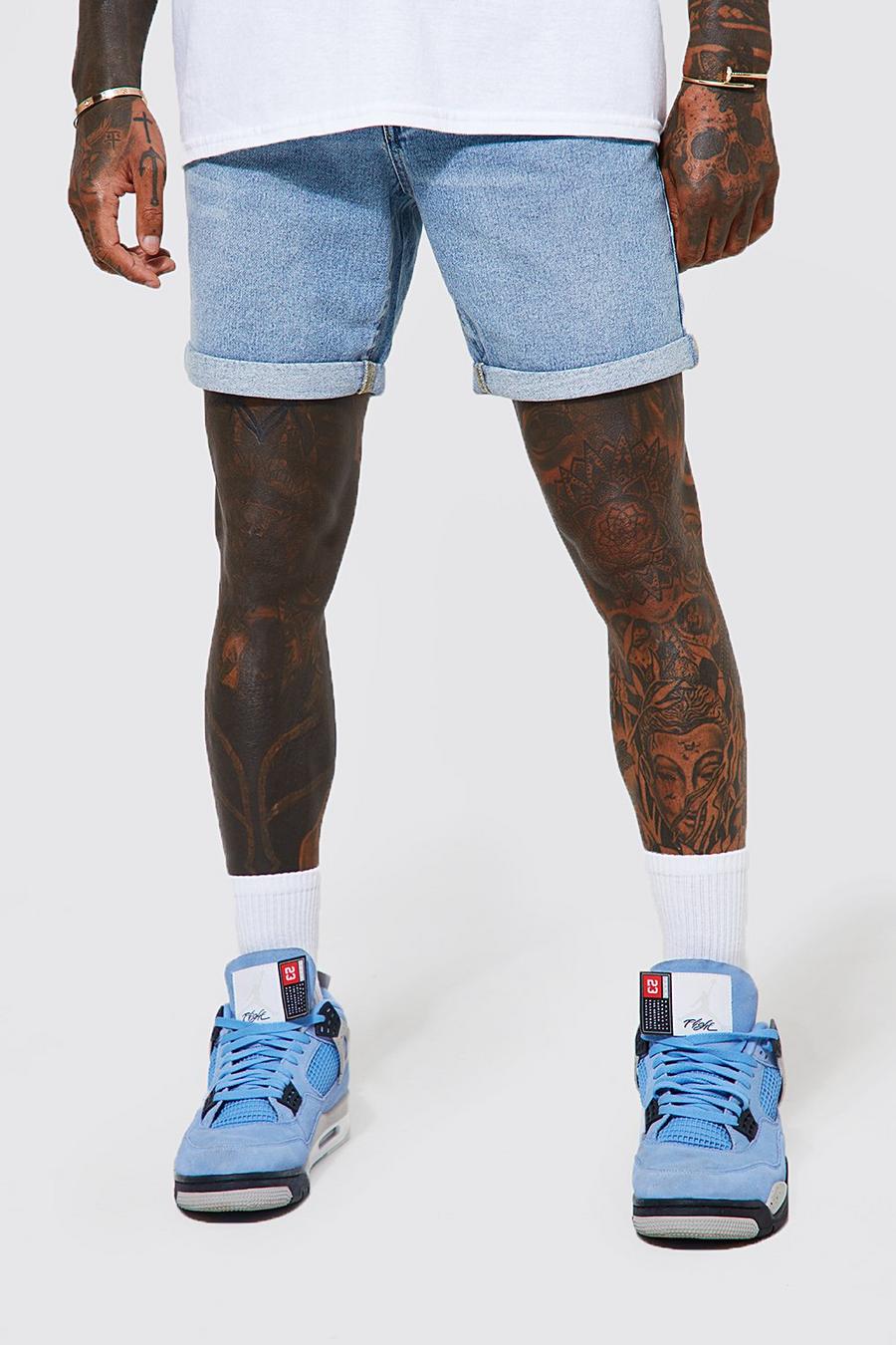 Pantaloncini in denim rigido Slim Fit con strappi, Light blue image number 1