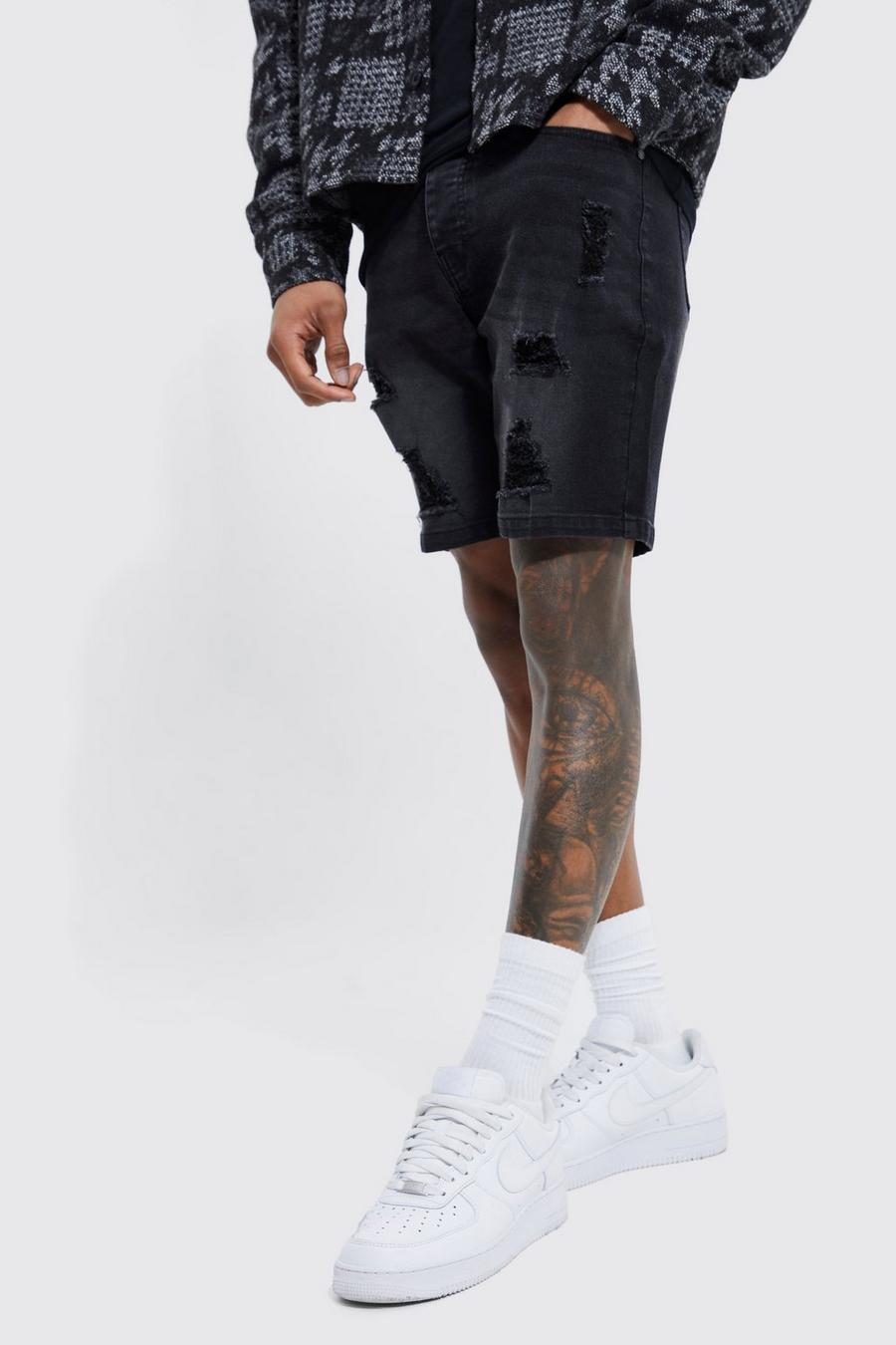 Washed black Skinny Stretch Multi Rip Denim Shorts  
