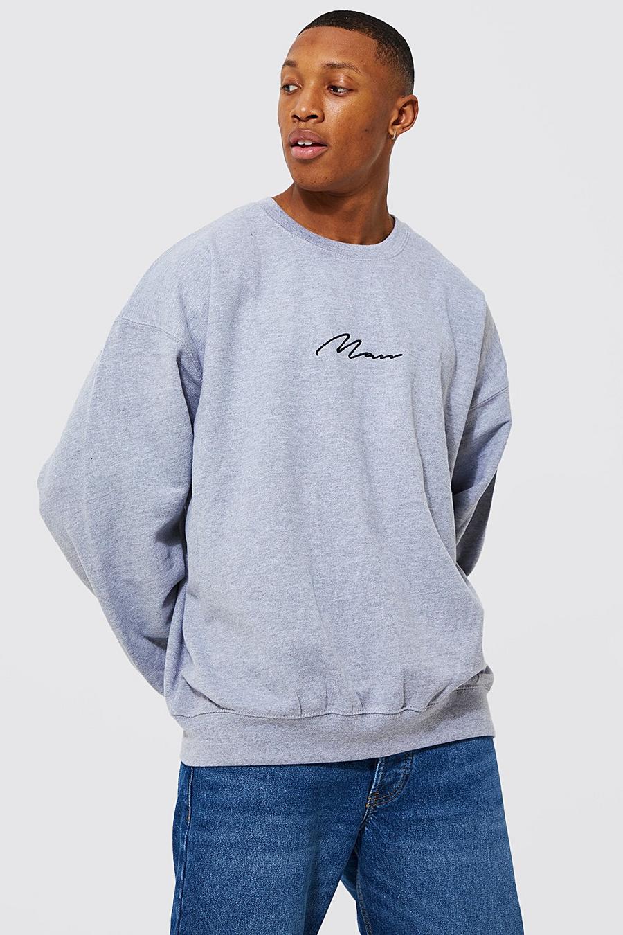 Oversize Man Signature Rundhals-Sweatshirt, Grey gris image number 1