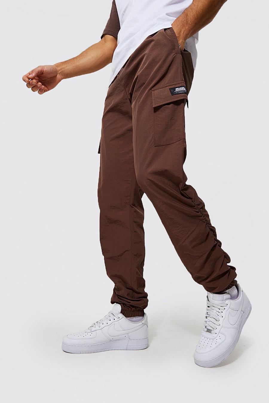 Chocolate Tall Crinkle Shell Woven Tab Cargo Trouser image number 1