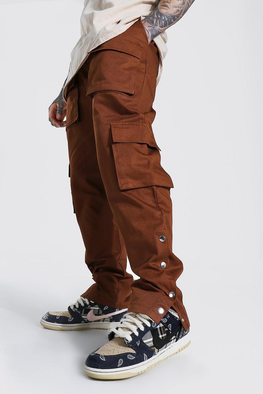 Chocolate brown Straight Leg Twill Popper Side Cargo Trousers