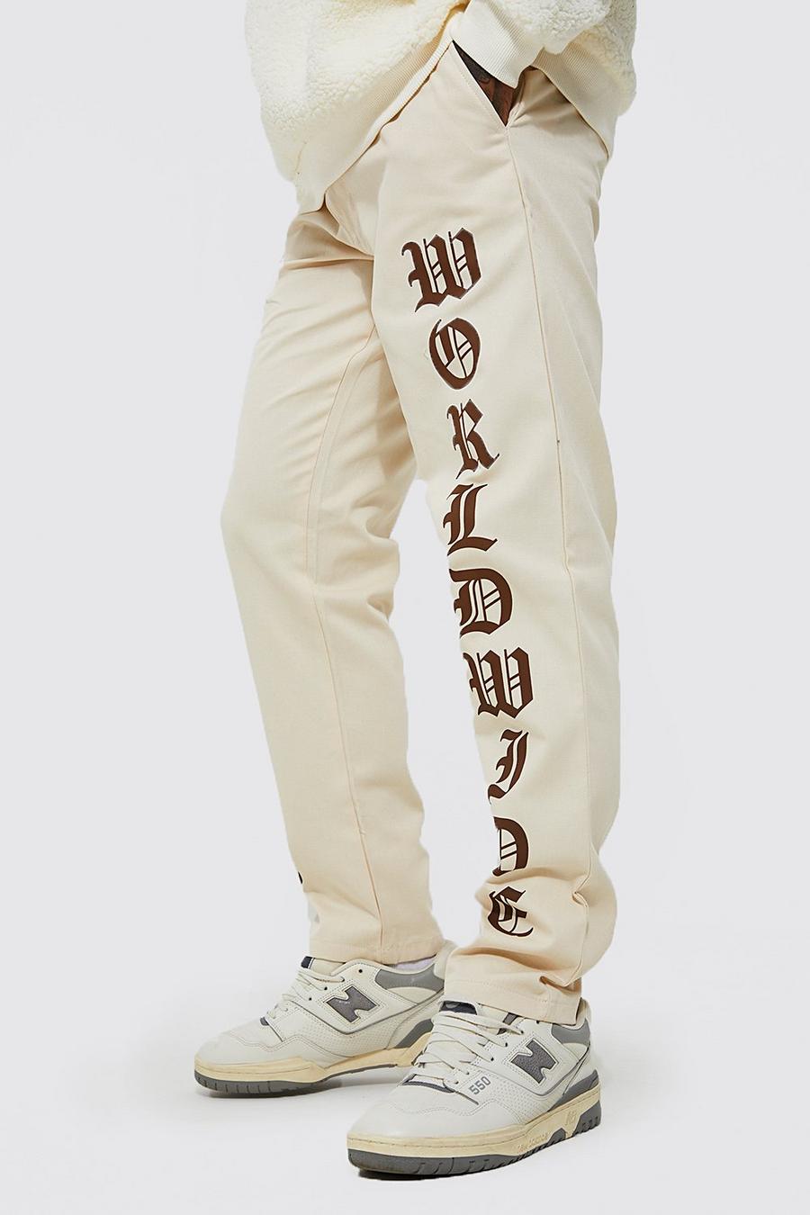 Pantalón chino de pernera recta con estampado Worldwide, Stone beige