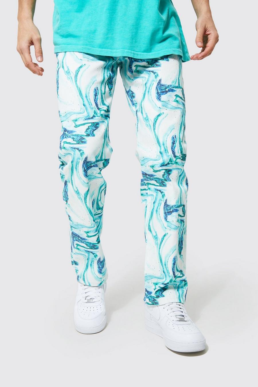 Green Relaxed Fit Swirl Print Jeans  image number 1