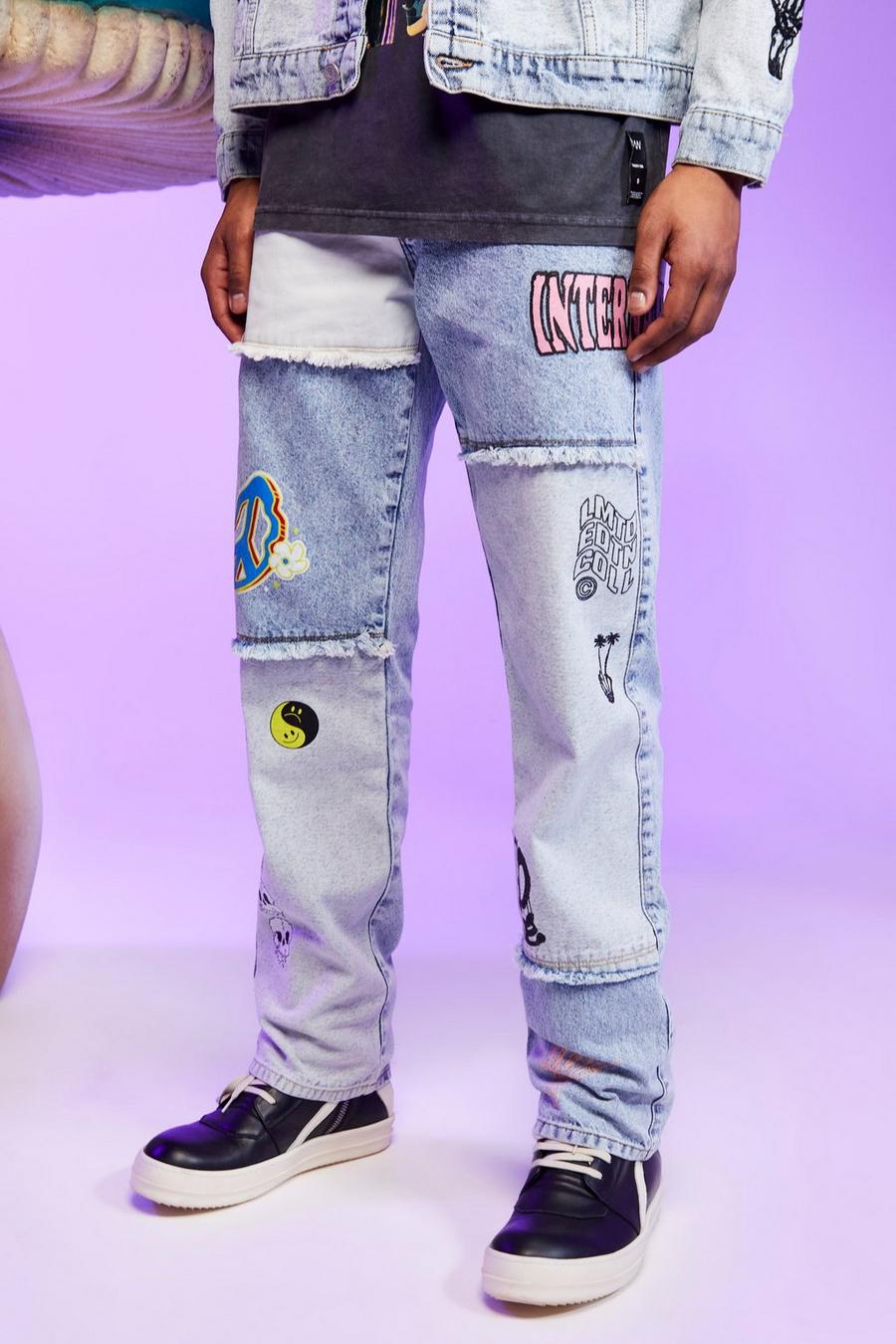 Multi Relaxed Fit Patchwork Jeans With Print