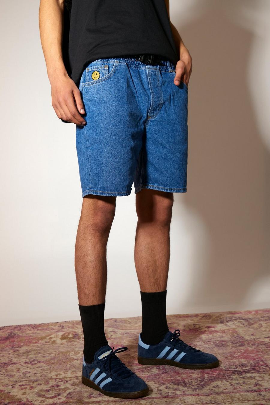 Pantaloncini in denim rilassati leggeri con cintura, Light blue