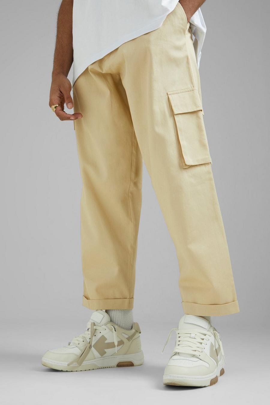Stone beige Skate Fit Cargo Trousers With Fixed Waist 