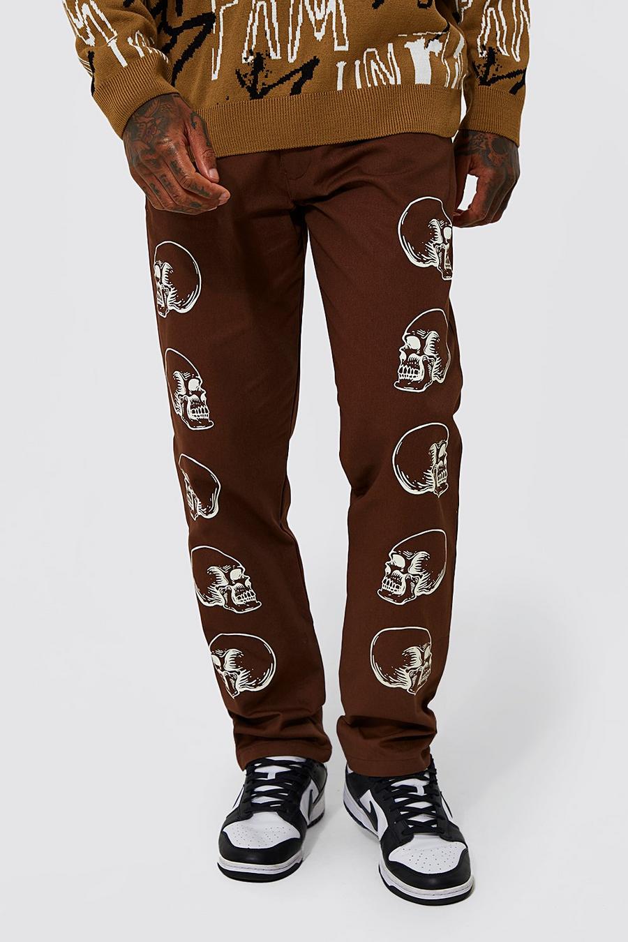 Pantalon chino ample à imprimé crânes, Chocolate brown