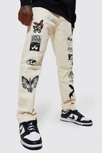 Stone Beige Elastic Waist Relaxed Graphic Print Chino Trouser