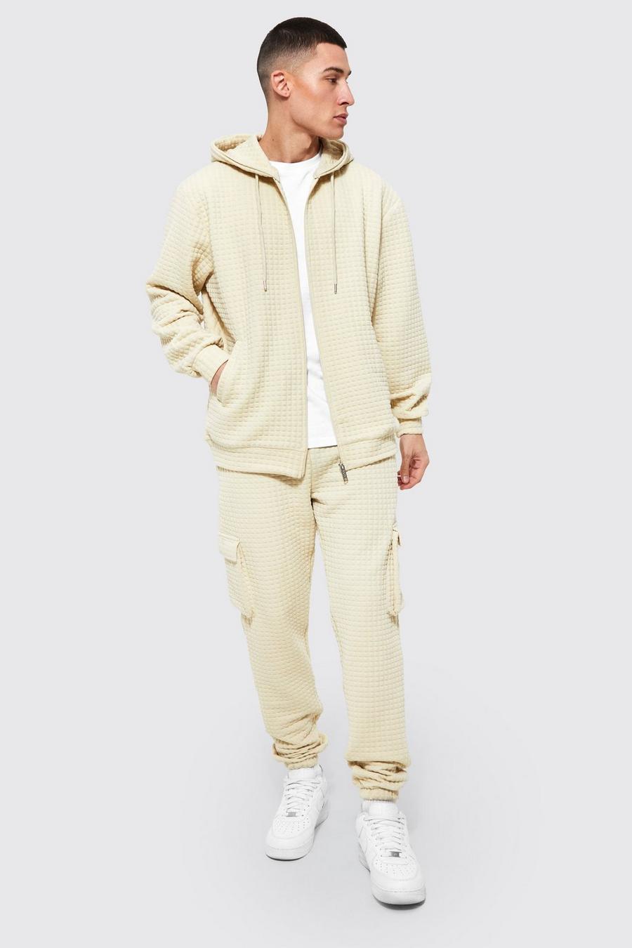 Sand Waffle Zip Through Hoodie Cargo Tracksuit image number 1