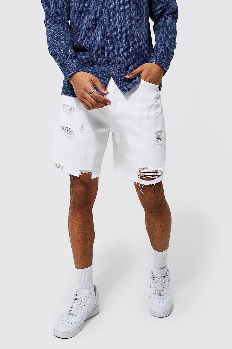 White Relaxed Fit Rigid Multi Rip Denim Shorts image number 1