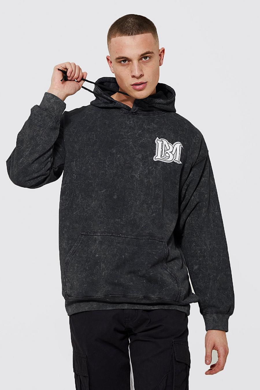 Charcoal grå BM Oversize hoodie med stentvättad effekt image number 1