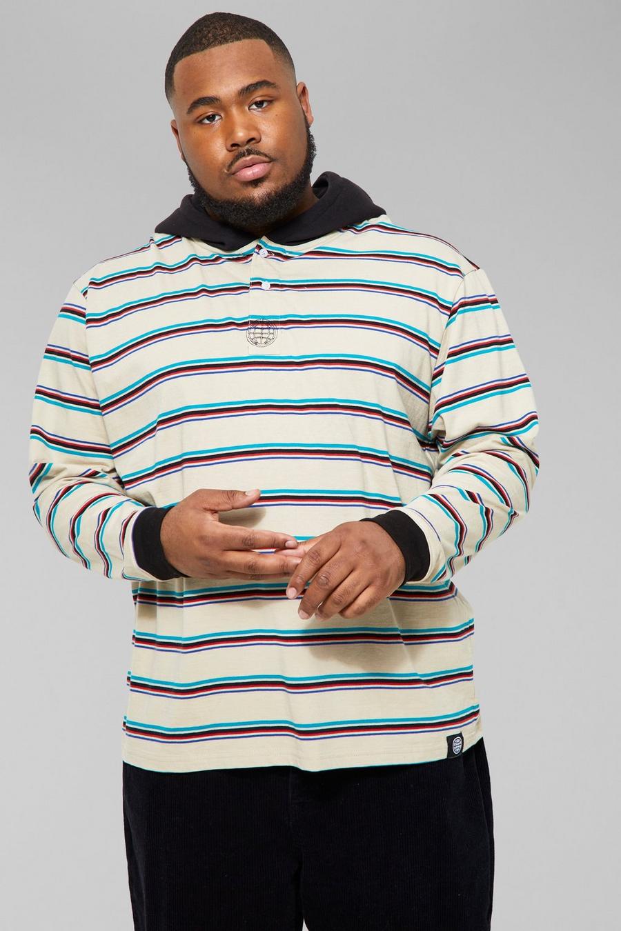 Stone Plus Loose Fit Hooded Stripe Long Sleeve Polo image number 1