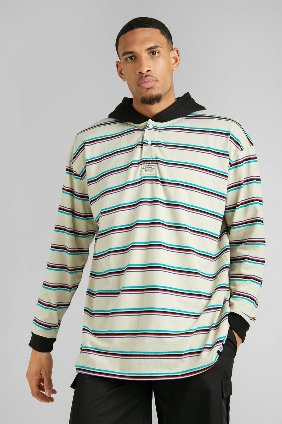 Stone Tall Oversized Hooded Stripe Long Sleeve Polo image number 1