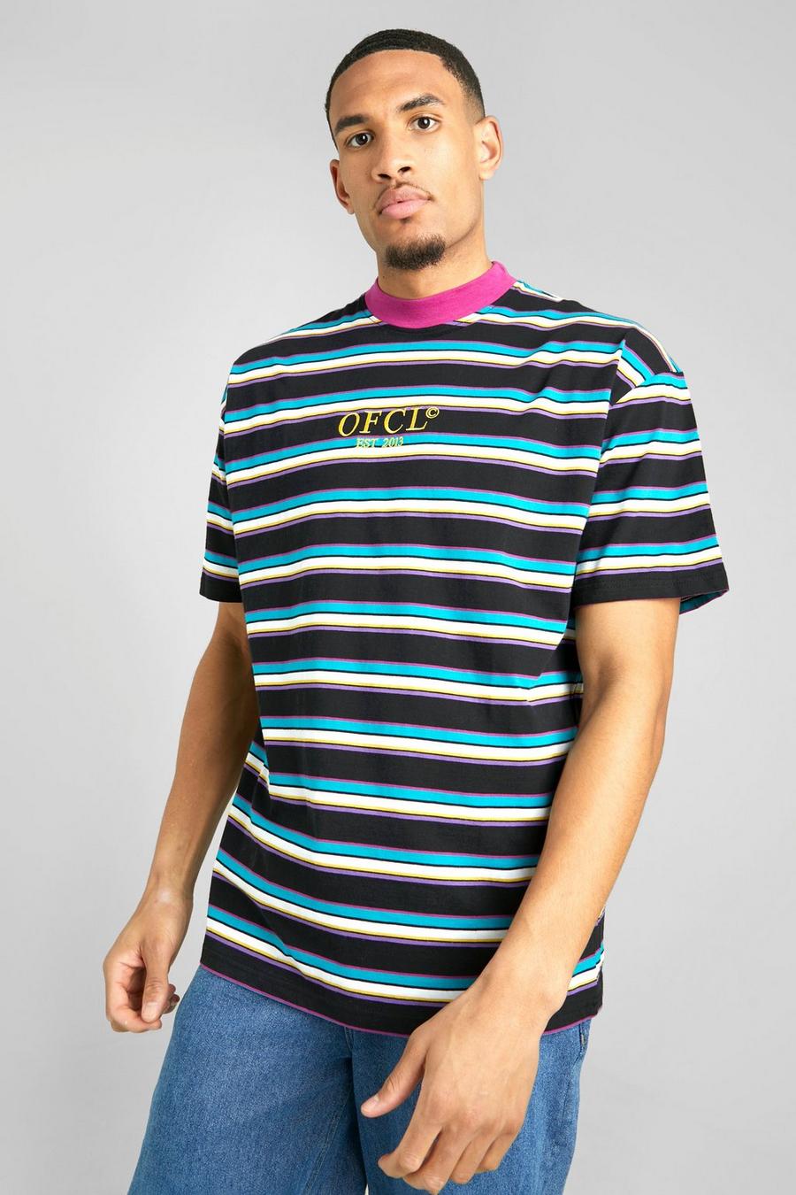 Black Tall Oversized Stripe Extended Neck T-shirt
