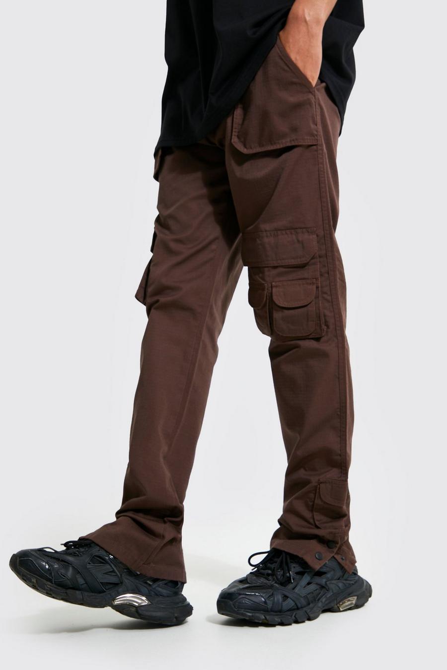 Chocolate brown Tall Straight Leg Multi Pocket Cargo Trousers image number 1