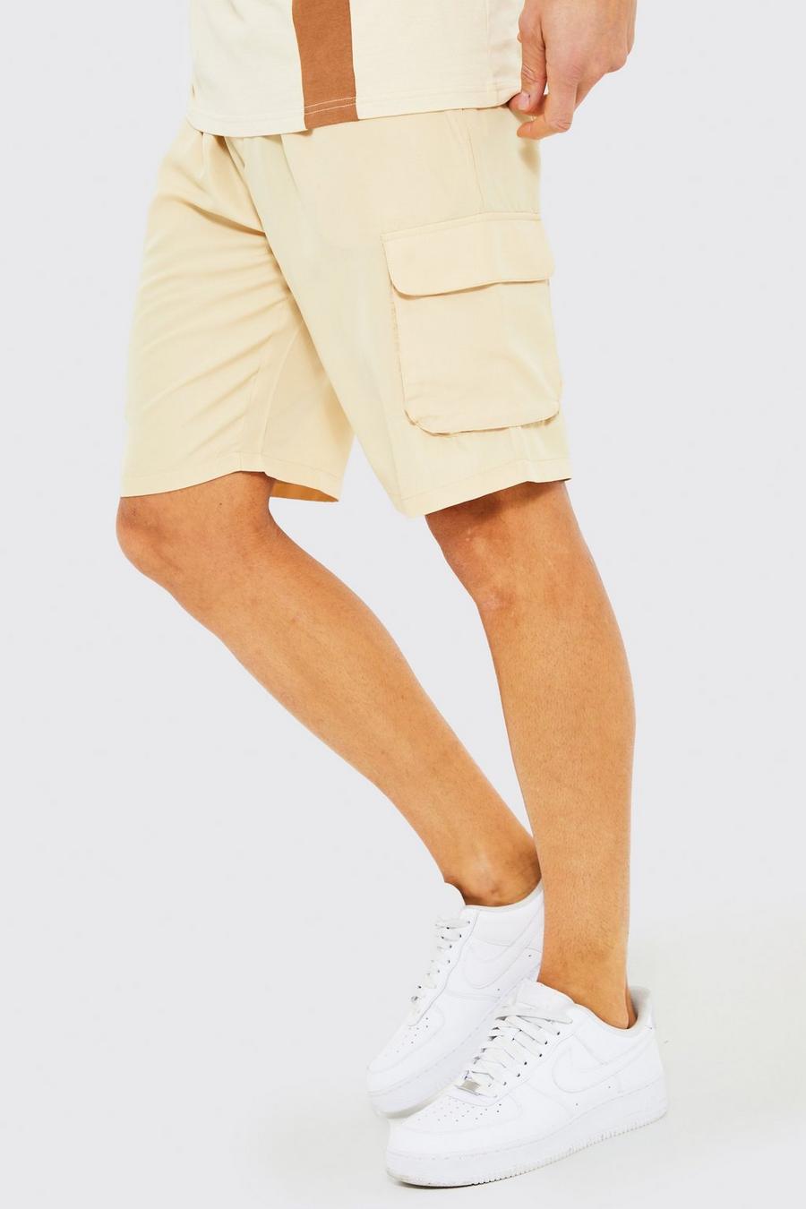 Pantaloncini medi Tall in nylon ripstop con tasche Cargo in rilievo, Stone beige