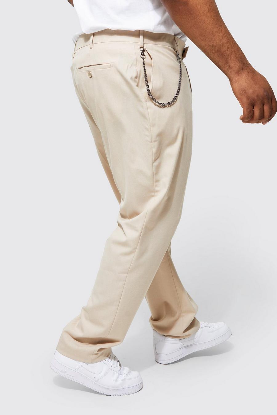 Pantaloni Smart Plus Size Slim Fit in tinta unita con catena, Beige image number 1