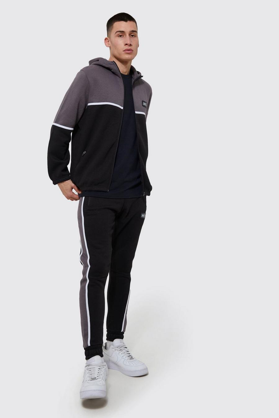 Black Zip Hooded  Panelled Tracksuit With Tape image number 1
