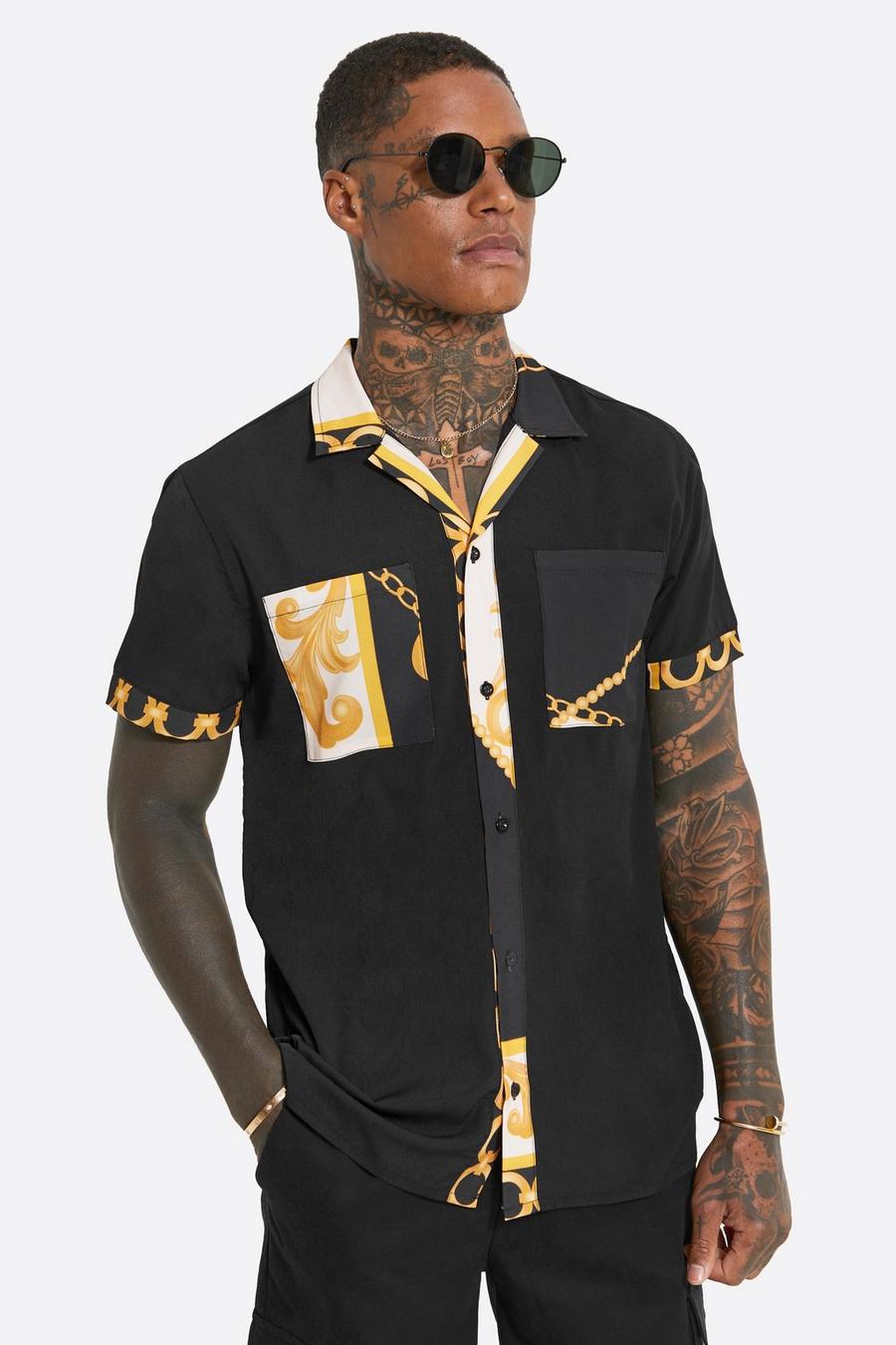 Black svart Kortärmad mönstrad skjorta med bowlingkrage