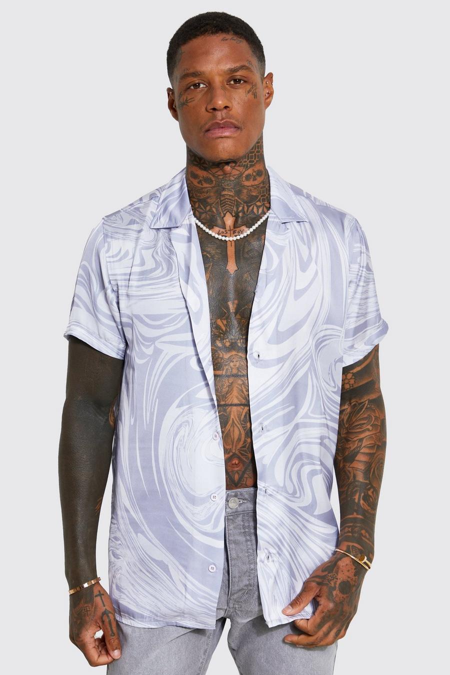 Grey Short Sleeve Revere Satin Shirt image number 1