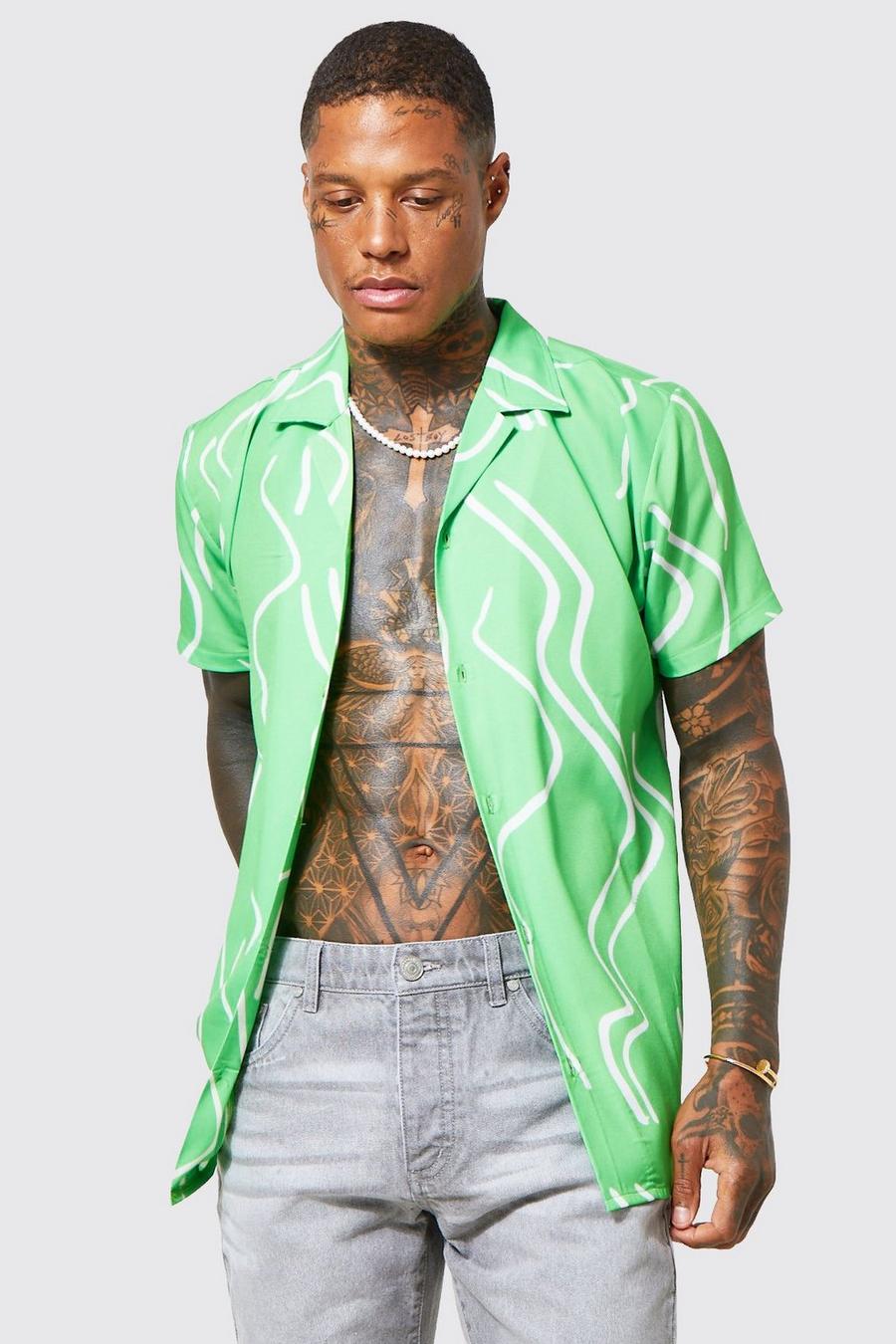 Green grön Short Sleeve Revere Line Shirt image number 1
