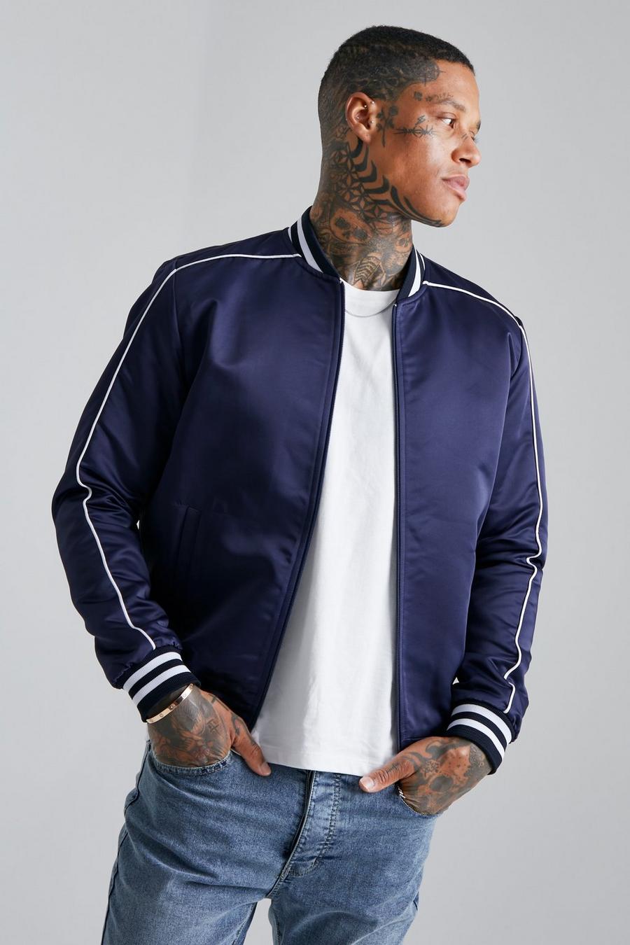 Navy Satin Bomber With Contrast Piping image number 1