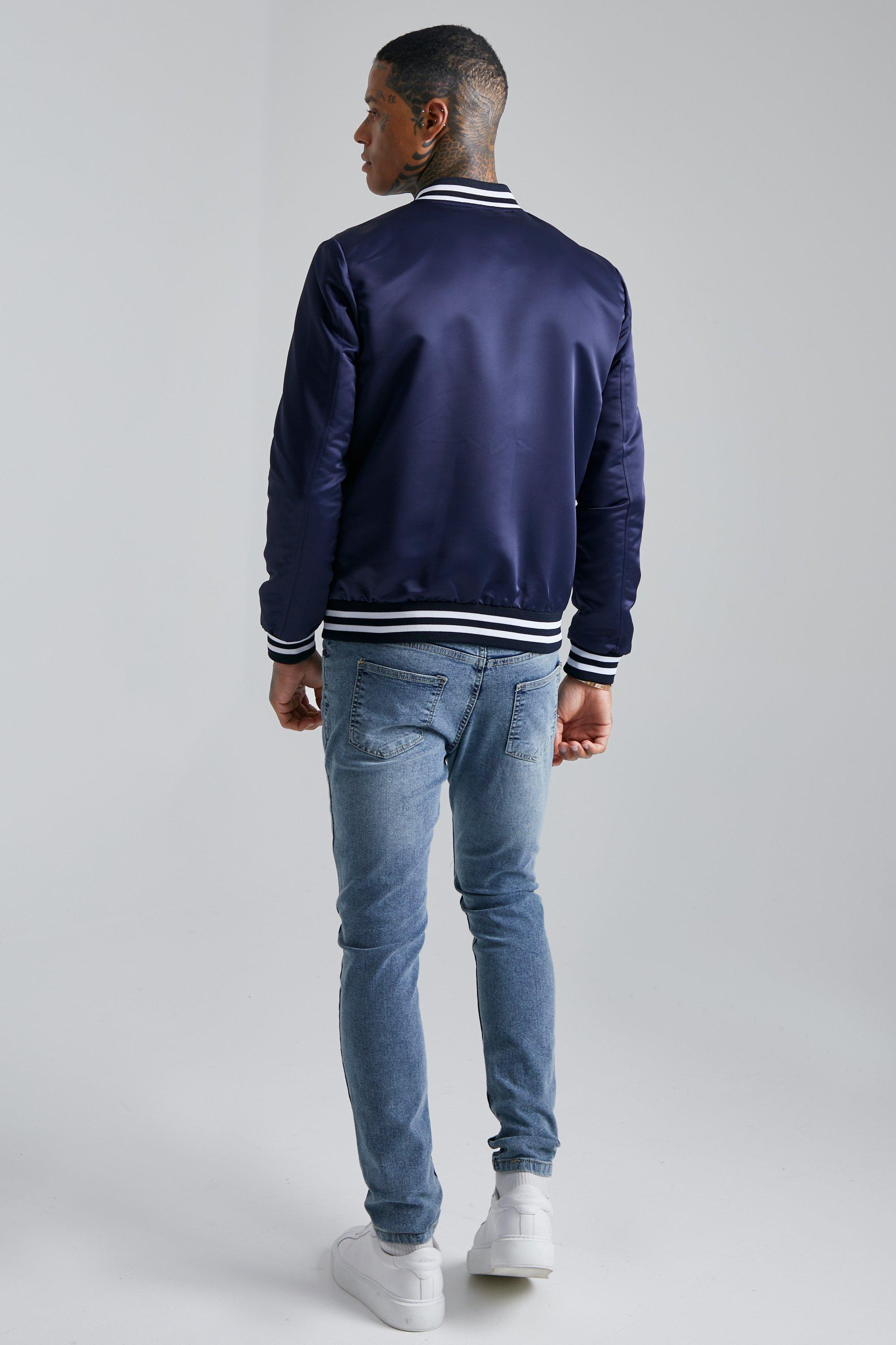 Plt Blue Back Brushed Look Satin Bomber Jacket