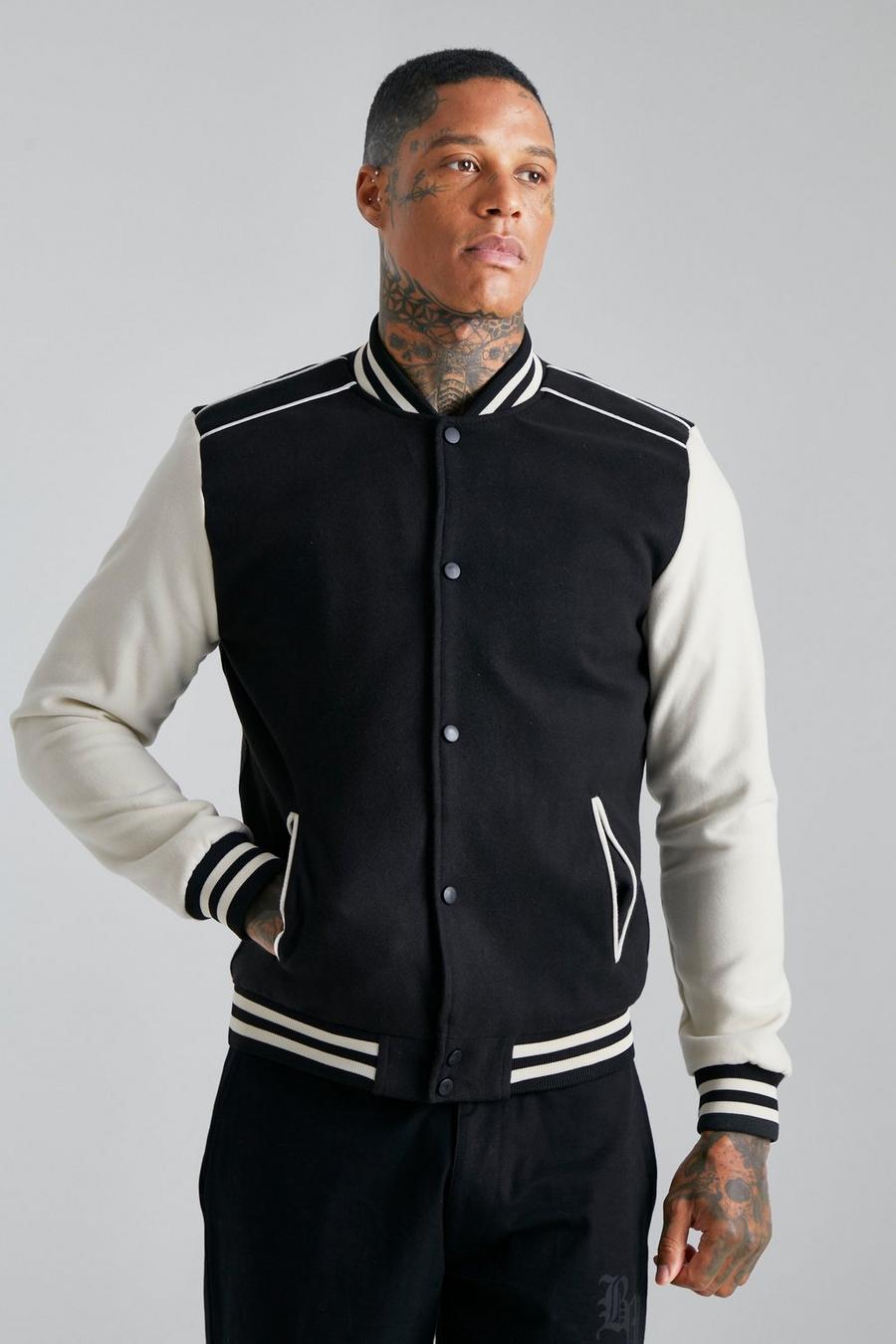Black Wool Look Bomber With Contrast Sleeves image number 1