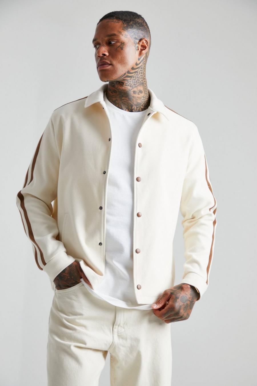 Ecru white Wool Look Jacket With Contrast Sleeve Stripe