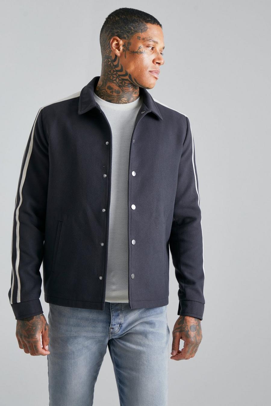 Grey Wool Look Jacket With Contrast Sleeve Stripe