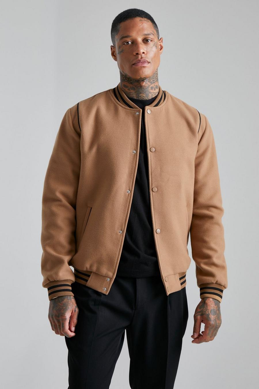 Tan Wool Look Bomber With Piping Detail image number 1