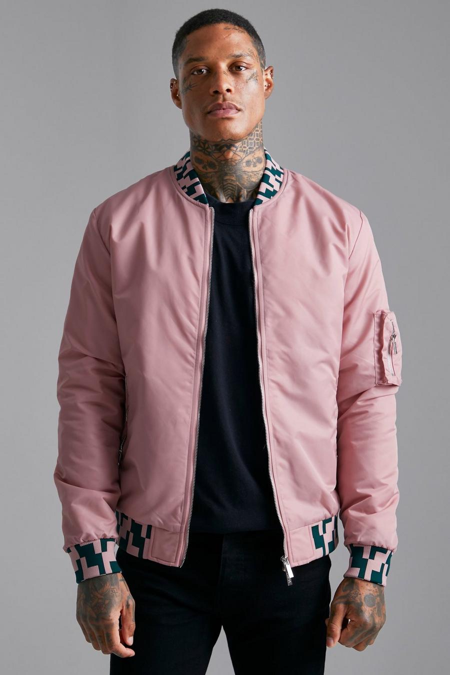Pink Nylon Bomber With Contrast Patterned Rib image number 1
