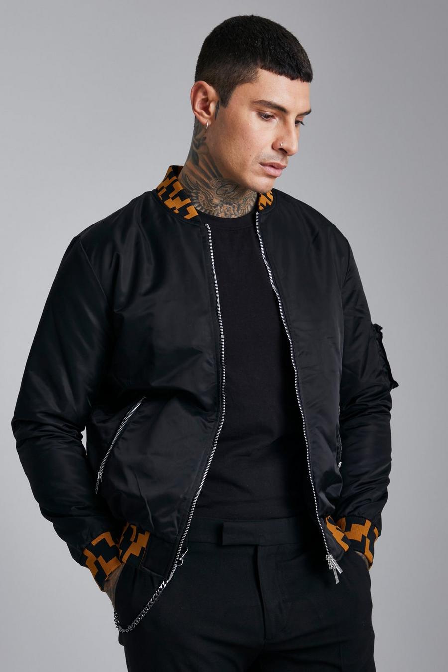 Black Nylon Bomber With Contrast Patterned Rib