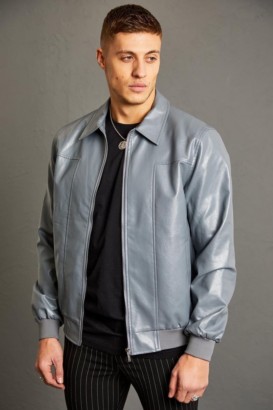 Grey Leather Look Panel Bomber With Collar image number 1