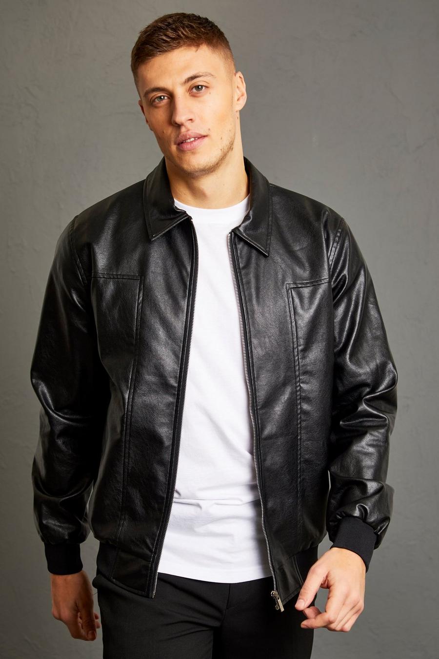 Black Leather Look Panel Bomber With Collar image number 1