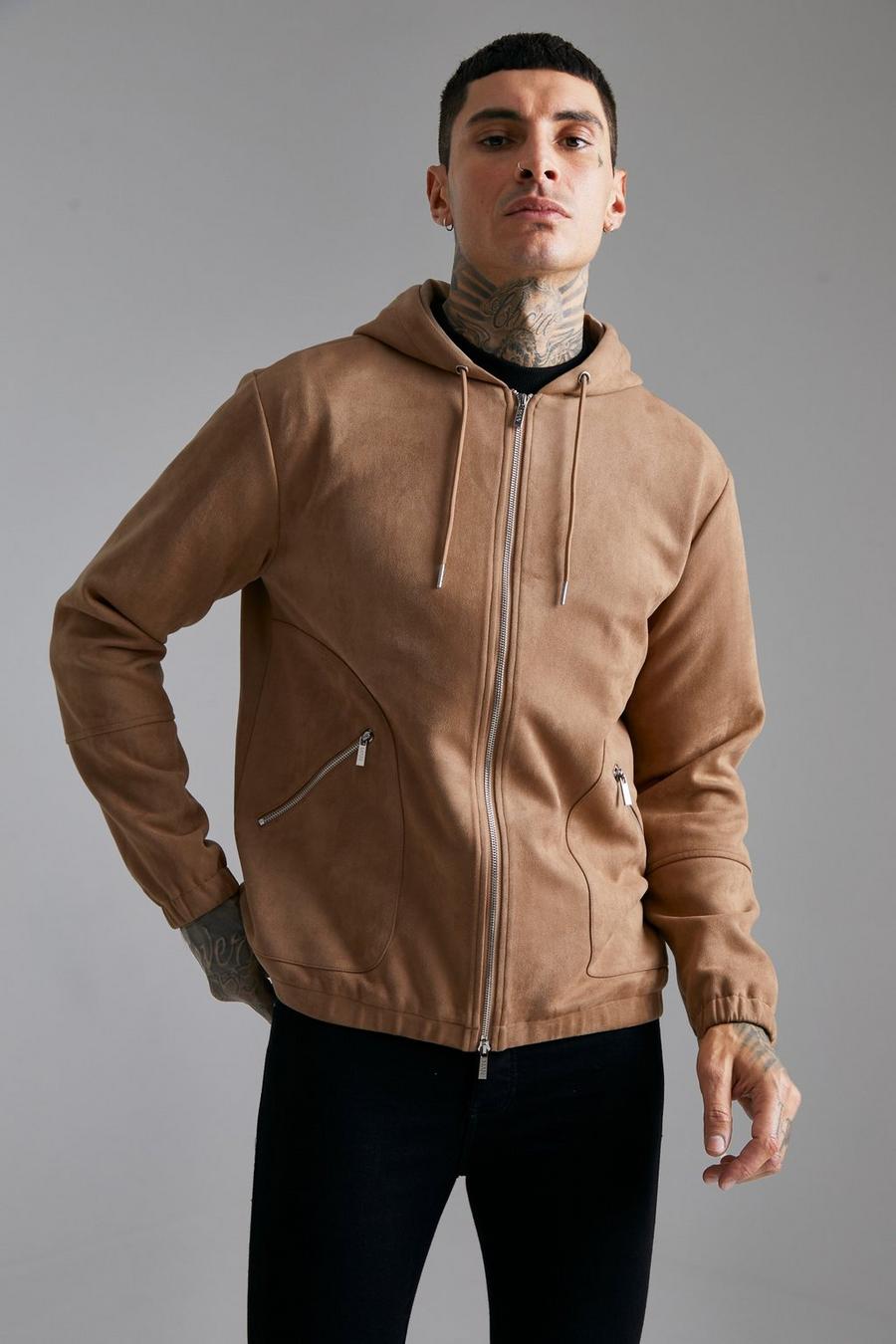 Stone Hooded Suedette Bomber image number 1