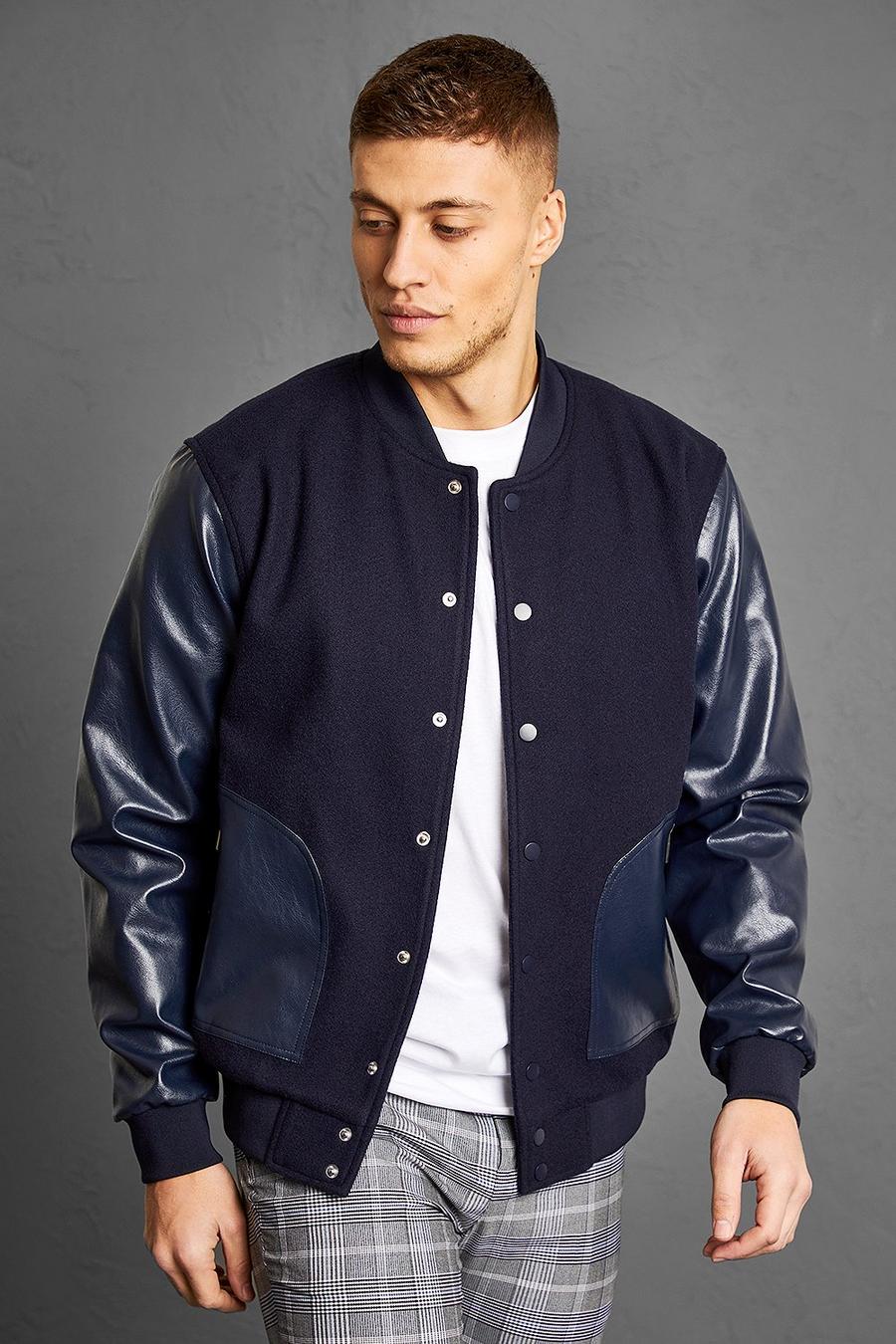 Navy Melton With Leather Look Patch Pocket Bomber image number 1