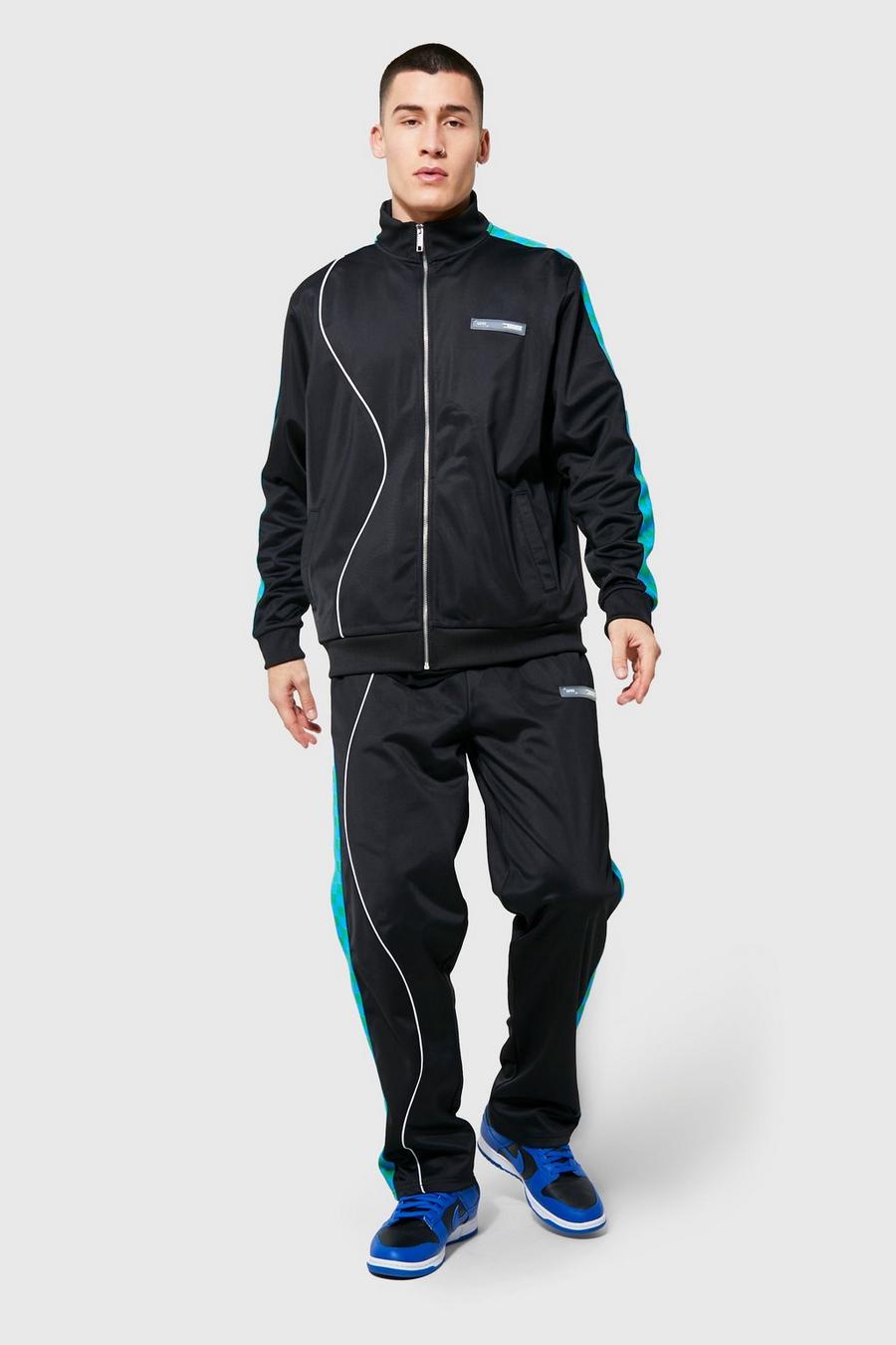 Black Funnel Neck Tricot Tracksuit With Side Taping image number 1