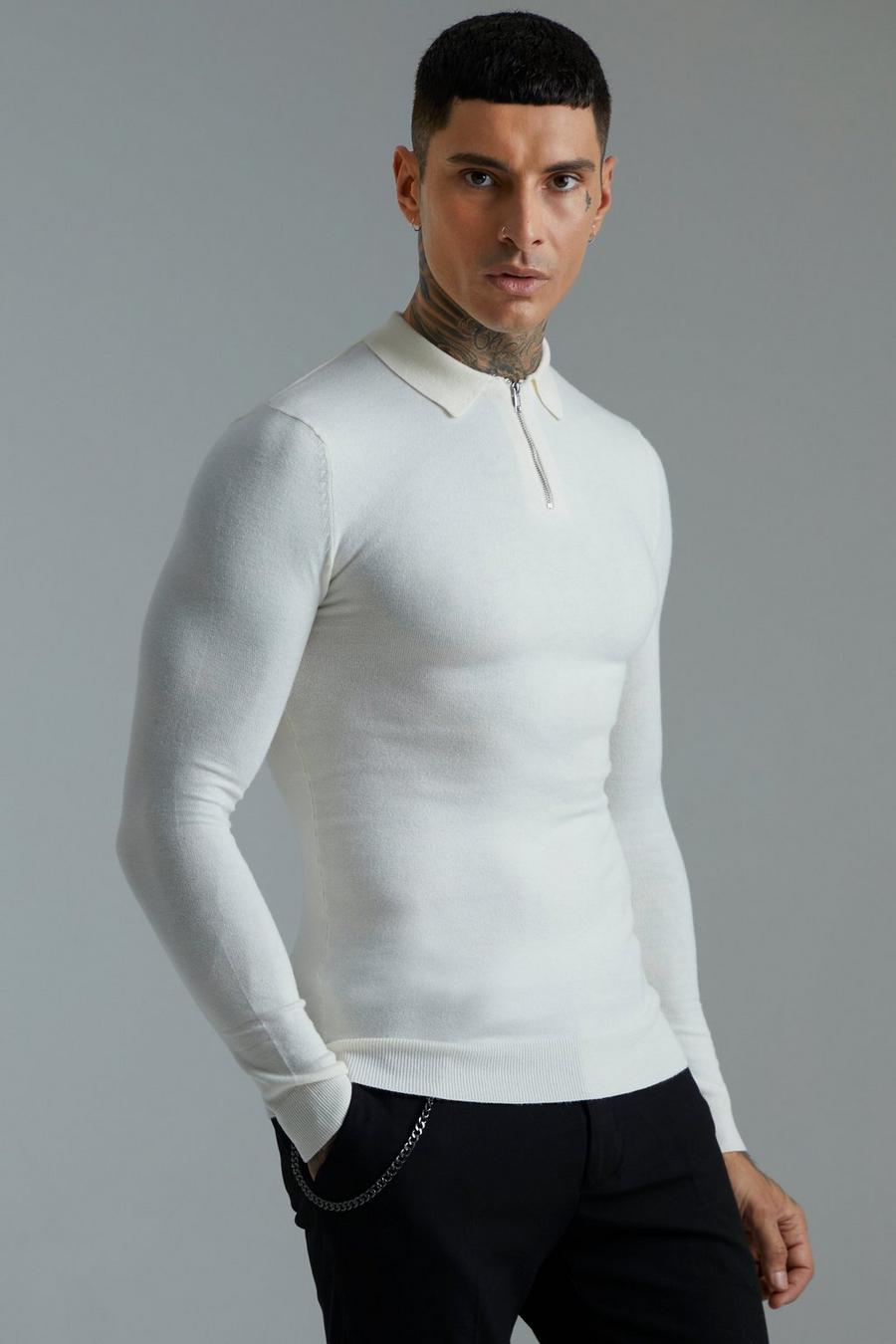 Cream white Recycled Muscle Long Sleeve Half Zip Polo