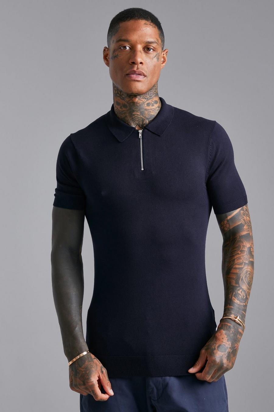 Navy Muscle Short Sleeve Half Zip Polo image number 1