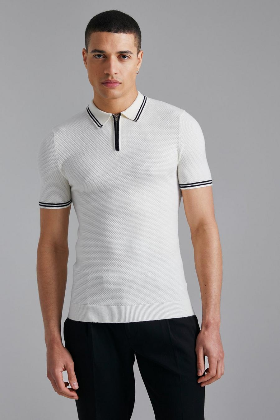 Cream blanco Recycled Muscle Fit Knitted Polo With Tipping