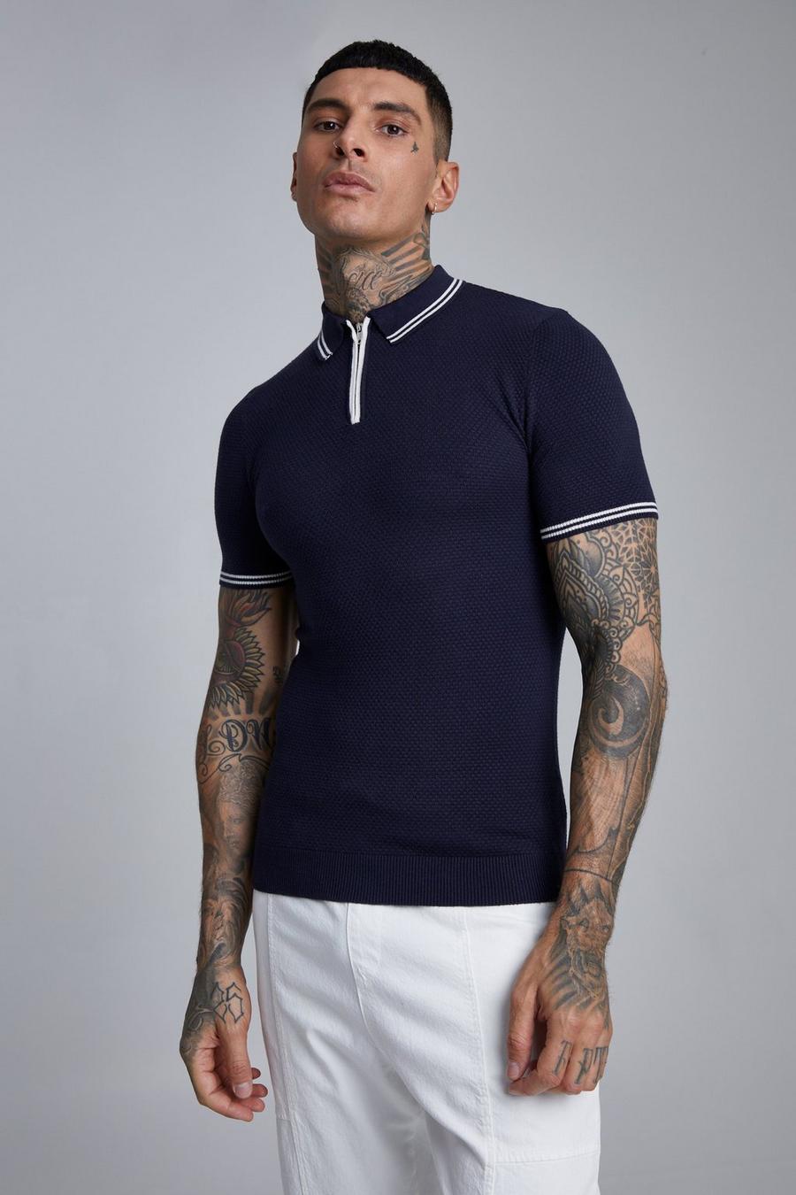 Navy marinblå Recycled Muscle Fit Knitted Polo With Tipping