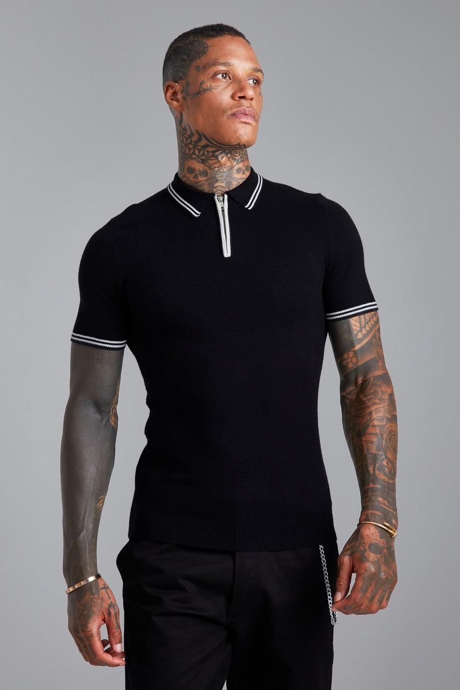 Black Muscle Fit Knitted Polo With Tipping image number 1