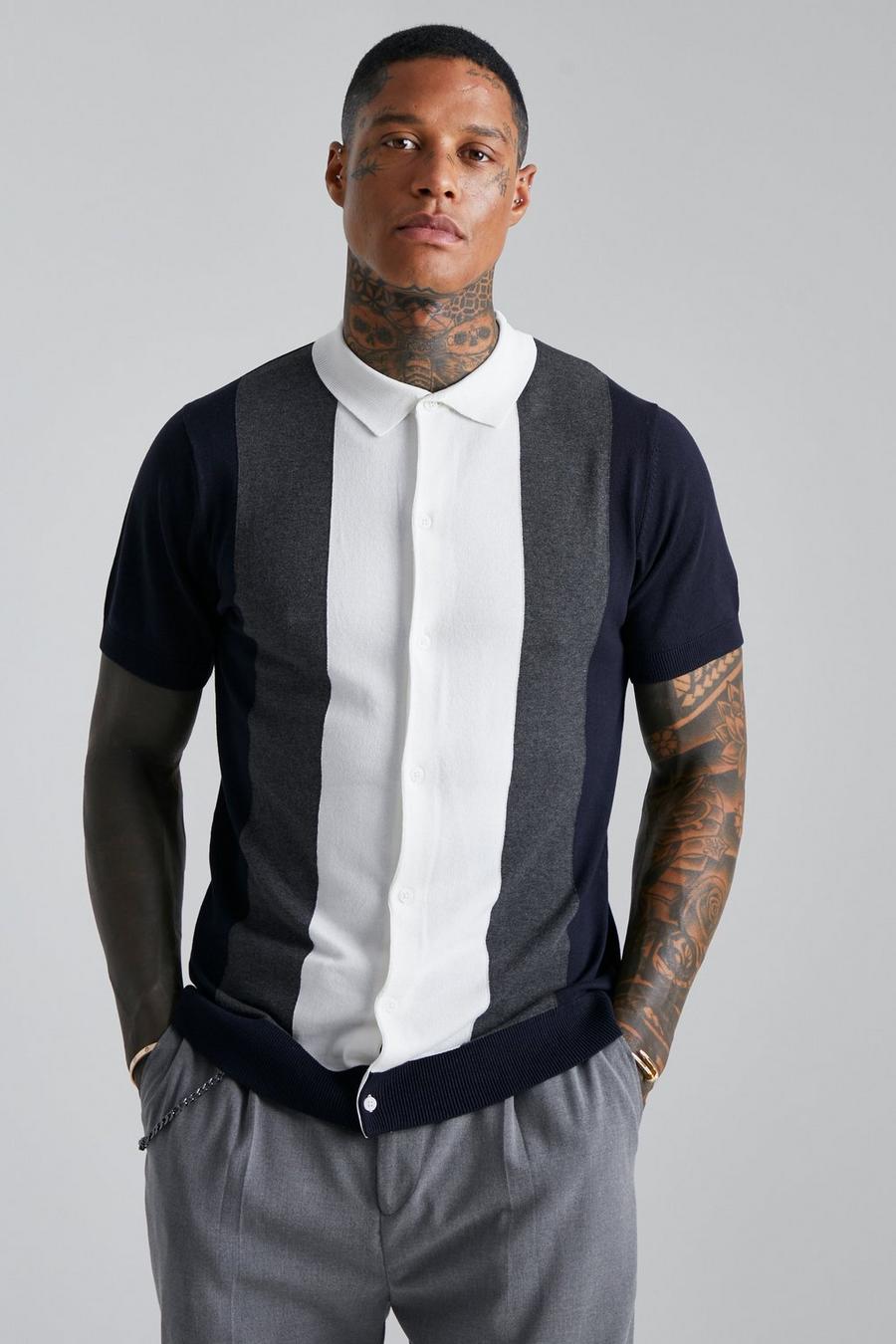 Grey marl Colour Block Knitted Shirt image number 1